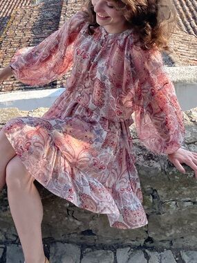 Vici Paisley Long Sleeve Tiered Mini Dress in Blush Multi